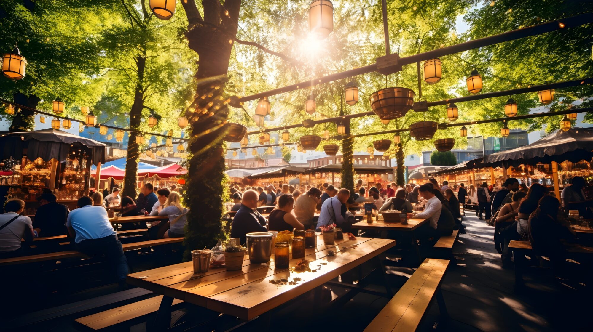Oktoberfest Celebration in Munich: Beer Garden Bustle with Wooden Tables, Traditional German Attire, Lively Music, Bratwurst, Pretzels, and a Joyful Crowd